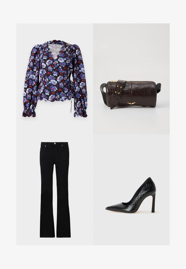 Černá květinová blůza s modrými a červenými květy, véčkovým výstřihem, dlouhými nabíranými rukávy a stužkami na pase. Lehká tkanina.; Černé zvonové džíny vyrobené z denimu, s dvěma předními kapsami, zapínáním na knoflík a hladkou strukturou. Na švech je viditelné charakteristické prošívání.; Černý lodičkový bot s špičatou špičkou, pokrytý texturou krokodýlí kůže, s elegantním designem, vysokým stiletto podpatkem a hladkým černým interiérem.; Hnědá kabelka z krokodýlí kůže s embosováním, cylindrického tvaru, se zlacenými kovovými prvky a odnímatelným popruhem se hroty.