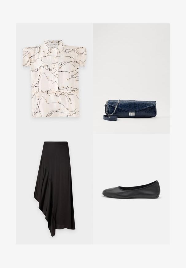 Short-sleeved blouse in cream fabric featuring black and beige floral embroidery with a button-up front and a classic collar.; AERON ASTER SKIRT - Pencil skirt - black; Black leather ballet flat with a rounded toe, smooth texture, minimal stitching detail, and a flexible sole design.; Navy blue leather clutch with a crocodile texture, silver chain strap, and metallic clasp. Rectangular shape with foldover design.