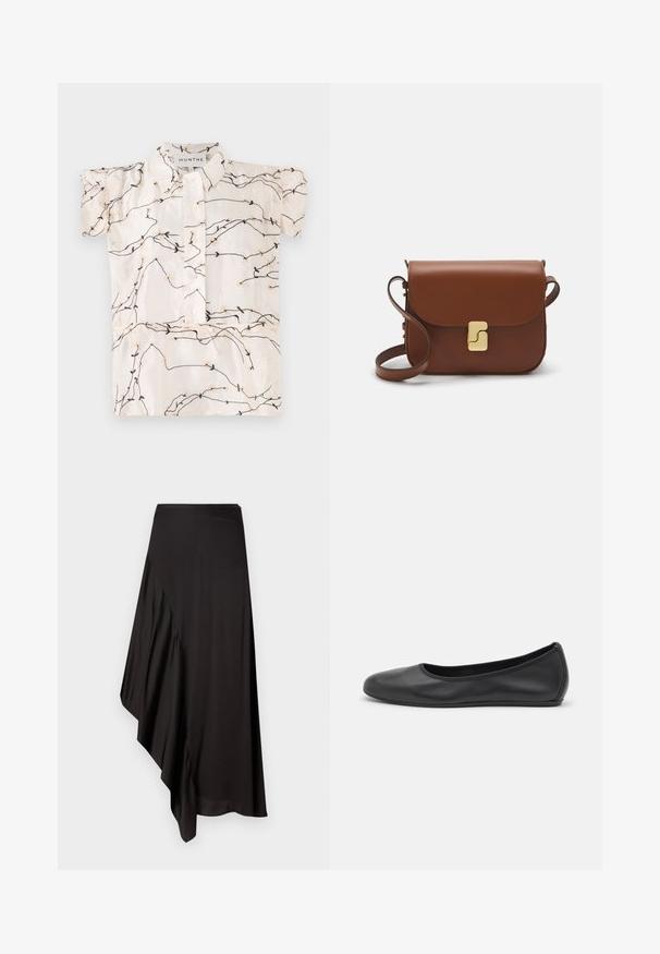 Short-sleeved blouse in cream fabric featuring black and beige floral embroidery with a button-up front and a classic collar.; AERON ASTER SKIRT - Pencil skirt - black; Black leather ballet flat with a rounded toe, smooth texture, minimal stitching detail, and a flexible sole design.; Brown leather handbag with a flap closure, gold-tone hardware, a shoulder strap, and a smooth texture. Compact rectangular shape.