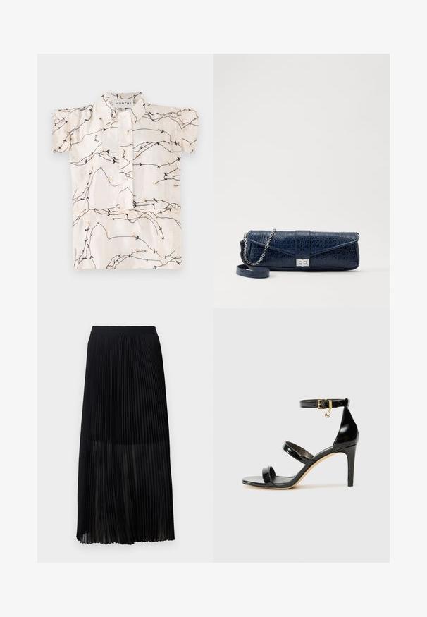 Bluză cu mânecă scurtă din material crem, cu broderie florală neagră și bej, cu închidere prin butoni și guler clasic.; Fustă midi plisată neagră, cu un brâu elastic și neted, acoperită cu un material transparent, având plisuri verticale fine pe întreaga țesătură.; Sandale negre din piele lacuită, cu trei curele, cataramă la glezna și toc stiletto de 10 cm. Prezintă detalii din metal auriu și un charm cu logo.; Plică din piele de culoare bleumarin, cu textură de crocodil, curea din lanț argintie și clapetă metalică. Formă rectangulară cu design pliabil.