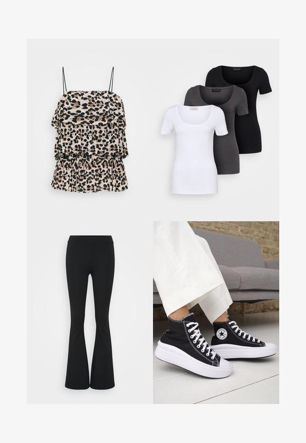 Top med leopardprint og lagdelte flæser, lavet af letvægtsstof. Har tynde sorte skulderstropper og en struktureret overflade.; Tre tætsiddende T-shirts i hvid, grå og sort. Hver af dem har en bred scoop-udskæring og korte ærmer. Fremstillet af glat, strækbart stof.; Sorte flagrende bukser lavet af strækbart stof, med en høj talje og en glat tekstur. Bukserne flared fra knæet.; Sorte sneakers med højt skaft, hvide gummisåler og snørebånd. Har en rund logo-patch og kontrasterende hvide syninger. Fremstillet af lærredsmateriale.