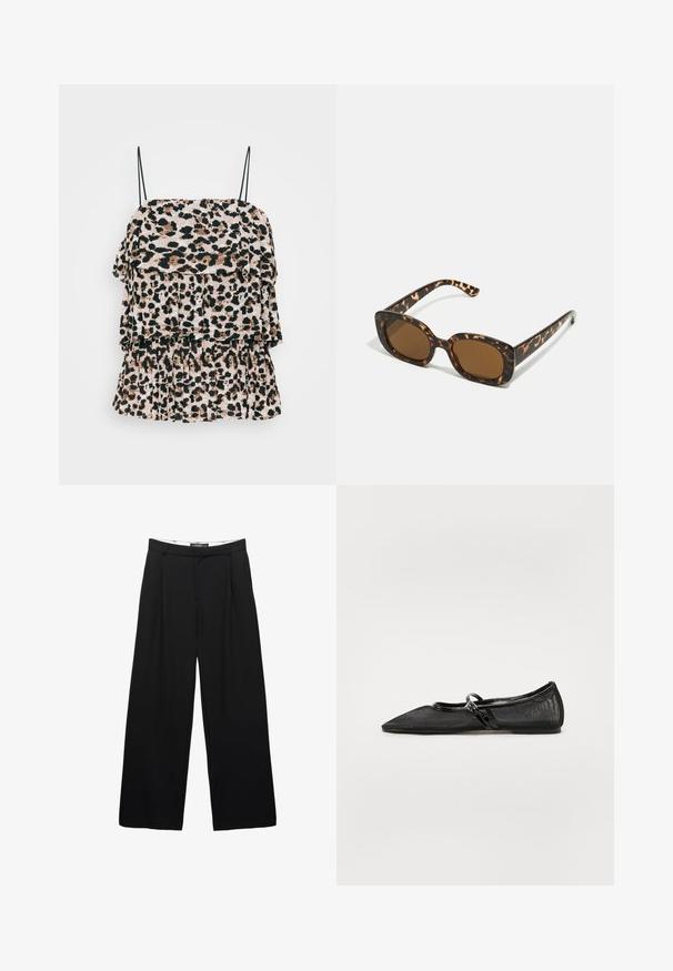 Leopardenmuster-Oberteil mit geschichteten Rüschen, aus leichtem Stoff gefertigt. Mit dünnen schwarzen Trägern und einer strukturierten Oberfläche.; Schwarzfarbene weite Hosen aus glattem Stoff. Mit frontalen Falten, einem Bund mit Gürtelschlaufen und einer taillierten Silhouette.; Schwarzer flacher Schuh mit spitzer Zehe, Mesh-Obermaterial und Akzenten aus Lackleder. Verfügt über einen dünnen Riemen mit einem runden Beschlag.; Schildpatt-Sonnenbrille mit einem runden, klobigen Rahmen und braunen Gläsern. Verfügt über dezente Muster und gerade, zulaufende Bügel.; Weiße Clutch aus glattem Leder mit einem silbernen Kettenriemen und einem metallischen Akzentbalken auf der Vorderseite. Minimalistisches Design und dreieckige Form.; Silberne Metallohrringe mit einem wellenförmigen, skulpturalen Design, das eine polierte Oberfläche und unregelmäßige Formen aufweist, die eine zeitgenössische Ästhetik betonen.