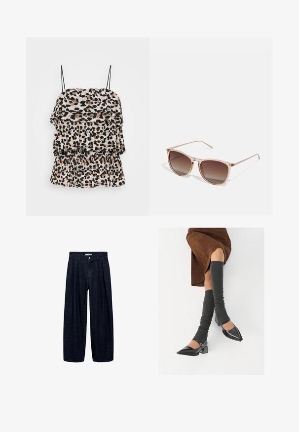 Top con stampa leopardata e volant a strati, realizzato in tessuto leggero. Presenta sottili spalline nere e una superficie texture.; Pantaloni wide-leg in denim scuro con pieghe in vita, dotati di un bottone frontale e passanti per cintura. Texture liscia e design a lunghezza completa.; Scarpe nere in pelle verniciata con punta affilata, tacco a blocco e cinturino alla caviglia, abbinate a scaldamuscoli grigi a coste e una gonna in suede marrone.; Occhiali da sole con gradiente marrone e una montatura traslucida rosa, forma quadrata e aste in metallo sottili. Presentano bordi arrotondati e dettagli minimali.; Bracciale in resina nera con superficie liscia e lucida e bordi arrotondati. Presenta un piccolo logo dorato "Pilgrim" all'interno.