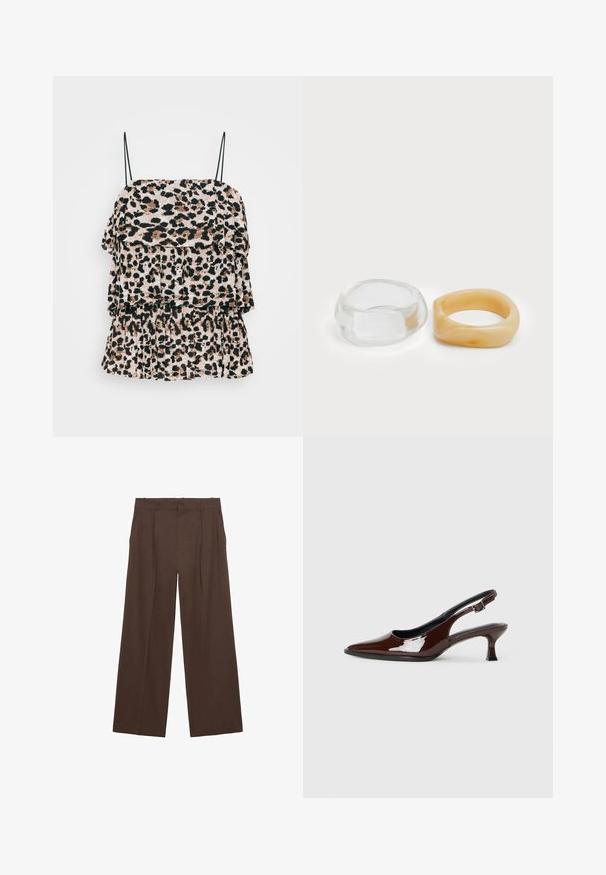 Top z leopardjim vzorom s slojevitimi volančki, izdelan iz lahkotnega materiala. Ima tanke črne naramnice in teksturirano površino.; Rjave široke hlače iz gladkega materiala, ki imajo visok pas, sprednje gube in dve stranski žepi.; Rjavi lakirani slingback čevelj z ostro konico in zmerno peto. Ima zaponko za varno prileganje. Gladka tekstura.; Jasni in jantarni smolnati prstani, en je gladek in prozoren, drugi pa s teksturiranim jantarjem. Obe imata zaobljene, debele oblike.