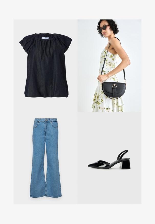 Mørkeblå, kortermet bluse med rynket stoff ved halsen og myke, samlede ermer. Laget av lett, strukturert materiale.; Lyseblå vide jeans laget av denim, med høyt liv, fem lommer og en enkelt knappelukking. Myk tekstur med falmet finish.; Svarte patentlær slingback hæler med spiss tå og geometrisk blokk hæl. Har et stilrent, minimalistisk design og jevn tekstur.; Svart lærveske med en buet form, avtagbar stropp og gullbeslag. Vesken har et klaff med spenne-detall.