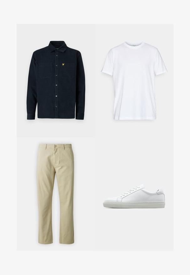 Mørkeblå corduroy-skjorte med knappelukking, to brystlommer og et lite gult logo på venstre lomme.; Hvit bomulls t-skjorte med korte ermer, rund hals og avslappet passform. Har et minimalistisk design, uten mønstre eller detaljer.; Beige bomullsbukser med rett ben-design, frontlukking med knapp og beltehemper. Jevn tekstur, ingen synlige mønstre eller detaljer.; Hvit sneakers med en glatt skinnoverdel og lav profil. Har en rund tå, seks snøring hull, og en teksturert gummisåle.