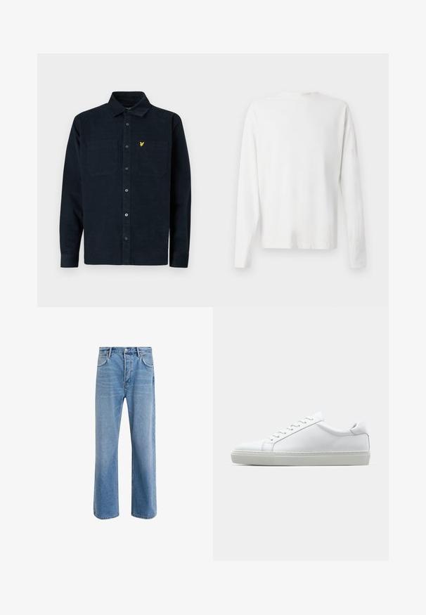 Mørkeblå corduroy-skjorte med knappelukking, to brystlommer og et lite gult logo på venstre lomme.; Langermet hvit bomullsskjorte med rund hals, sidespalter nederst og en jevn tekstur, vist fra baksiden.; Lys blå denimjeans med rett ben-design, fem lommer, knappeåpning, minimal falming og kontrasterende sømdetaljer.; Hvit sneakers med en glatt skinnoverdel og lav profil. Har en rund tå, seks snøring hull, og en teksturert gummisåle.