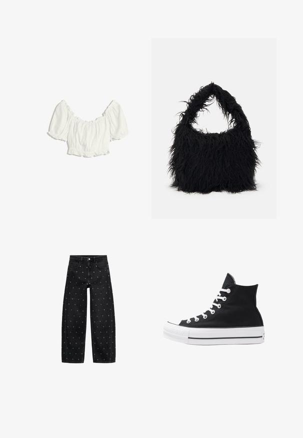 Hvid cropped bluse med pufferede korte ærmer og elastisk flæse ved halsudskæringen, taljen og ærmeafslutningerne.; Sorte denim bredbuks med et mønster af små sølvøjer, med et klassisk fem-lomme design og knaplukning foran.; Højtop sort lærredssko med hvide øjetter, snørebånd og gummisål. Har en tekstureret tåhætte og sorte og hvide stribe-accenter.; Even&Odd Shopping bags - black