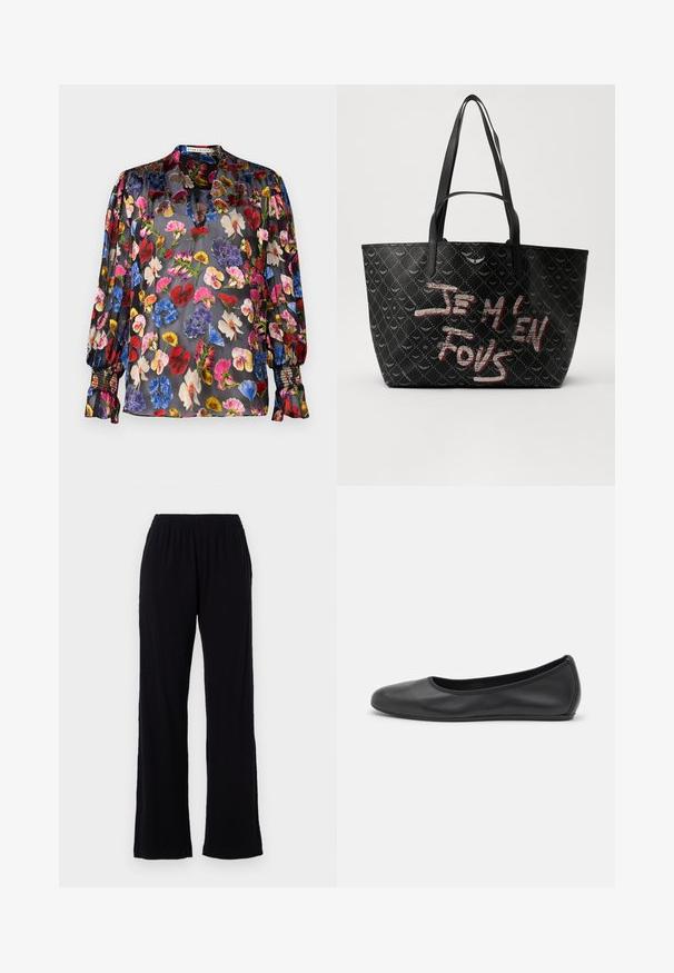 Czarna przezroczysta bluzka z żywym kwiatowym wzorem w kolorach czerwonym, różowym, niebieskim i żółtym. Posiada bufiaste rękawy i subtelny detal kołnierzyka.; Czarne, lekkie spodnie z elastycznym pasem i prostym krojem nogawek. Miękka tekstura, bez widocznych wzorów czy akcentów. Prosty i uniwersalny styl.; Czarne skórzane baletki z zaokrąglonym noskiem, gładką fakturą, minimalnymi przeszyciami i elastycznym designem podeszwy.; Czarna torba tote z teksturowanym materiałem, ozdobiona wzorem w diamenty, z ramiączkami na ramię oraz wyraźnym tekstem w kolorze czerwonym i białym, brzmiącym "JE M'EN FOUS."