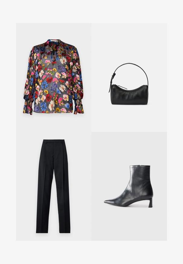 Must mustriga pluus, millel on elav lillemuster punases, roosas, sinises ja kollases. Omab kokku tõmmatud varrukaid ja peent kraed.; Mustad püksid siledast kangast, millel on kõrge vöökoht, laiad jalad, esimesed kortsud ja klassikalised vööloopid. Küljepockets pole nähtavad.; Mustad mustall nahkasaabas terava nina ja stiilse disainiga. Omab madalat konts ja luku sulgemist taga. Sile tekstuur.; Musta nahast õlakott kaarjate joontega, tõmblukuga ja peene rihmaga. Omab siledat tekstuuri ja peeneid õmbluse detaile.