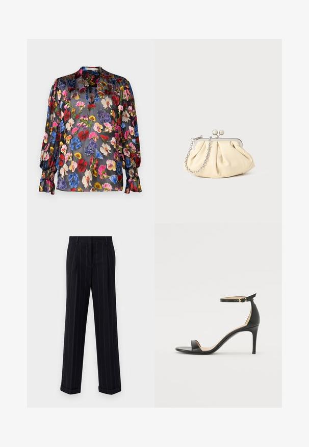 Blusa nera trasparente con un vivace motivo floreale in rosso, rosa, blu e giallo. Presenta maniche arricciate e un sottile dettaglio del colletto.; Pantaloni neri a righe sottili con una vestibilità su misura, dotati di orlo con risvolto e pieghe frontali. Realizzati in un tessuto liscio con un design strutturato.; Sandal in pelle nera con tacco alto e cinturino alla caviglia. Caratteristiche: texture liscia, punta aperta e tacco sottile. Dettaglio con fibbia tono oro.; Clutch in pelle beige plissettata con una struttura in metallo argento, dotata di due chiusure decorative rotonde e una tracolla in catena argentata.