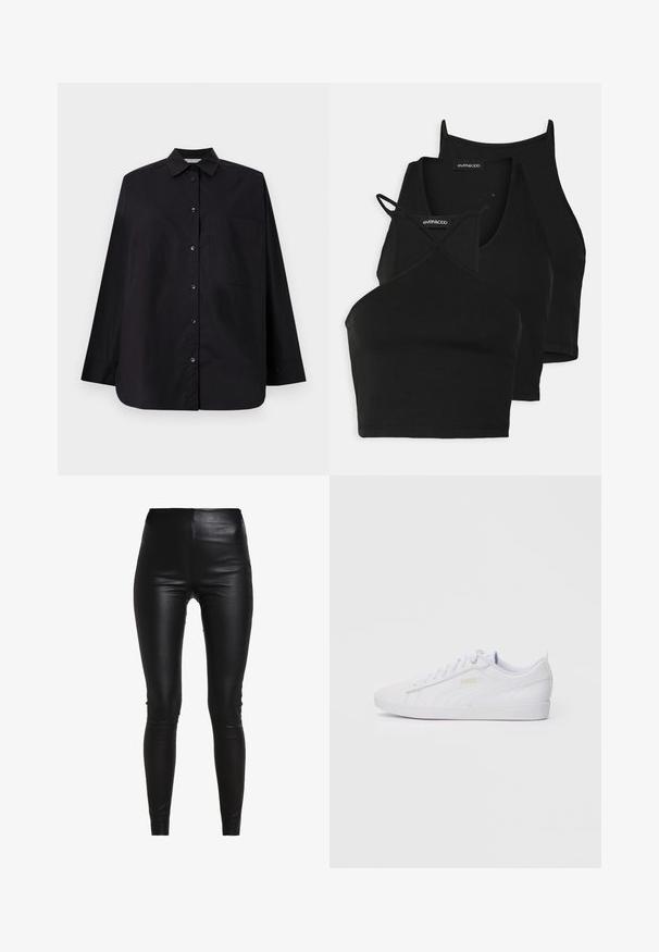Camicia nera a maniche lunghe in tessuto morbido. Presenta un colletto, maniche lunghe, una tasca sul petto e un orlo dritto.; Top corti neri in tessuto morbido e elasticizzato, con spalline sottili e design incrociato. Presentano un scollo rotondo e finiture senza cuciture.; Leggings neri in finta pelle con vita alta, design aderente, texture liscia e senza cuciture o decorazioni visibili.; Sneaker Puma bassa bianche con lacci, branding discreto sul lato e sulla suola, e tomaia in sintetico liscio per un look casual.