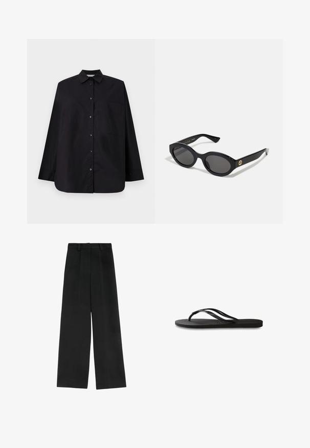 Svart skjorta med knappar gjord av slät tyg. Har krage, långa ärmar, en bröstficka och en rak fåll.; Svarta vida byxor med hög midja, med två framfåror, bältesöglor och en slät yta. Inga fickor eller synlig hårdvara.; Svart flip-flop med en texturerad gummisula, två slanka remmar och en subtil, präglad logodetalj på remmen.; Svarta ovala solglasögon med mörka linser och blank plastbåge. Utrustade med en gyllene logotyp på bågen, vilket ger en snygg och modern design.; Svart läderhandväska med en strukturerad rektangulär form. Har ett gyllene ovalt lås och ett tunt axelband. Slät textur.