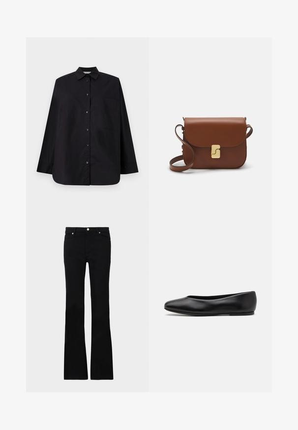 Black button-up shirt made from smooth fabric. Features a collar, long sleeves, a single chest pocket, and a straight hem.; Black flared jeans made of denim, featuring two front pockets, a button closure, and a smooth texture. Signature stitching visible at seams.; Paul Smith TOPANGA - Ballet pumps - black; Brown leather handbag with a flap closure, gold-tone hardware, a shoulder strap, and a smooth texture. Compact rectangular shape.