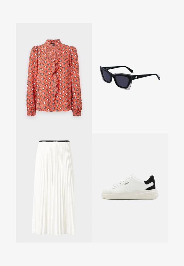 Červená blúzka s dlhými rukávmi, riaseným výstrihom a geometrickým vzorom v oranžovej, čiernej a krémovej farbe. Ľahká tkanina s hladkou textúrou.; Plisovaná biela sukňa s čiernym elastickým pásom s logom "LACOSTE". Sukňa je stredne dlhá a má mäkkú textúru.; Biele kožené tenisky s hrubou bielou podrážkou, čiernym zamekom na päte a vyrazeným logom na boku. Šnurovací dizajn so šiestimi očkami.; Čierne oversized slnečné okuliare s geometrickým tvarom, s tmavými šošovkami a kontrastným šedým detailom na ráme. Logo na mostíku.