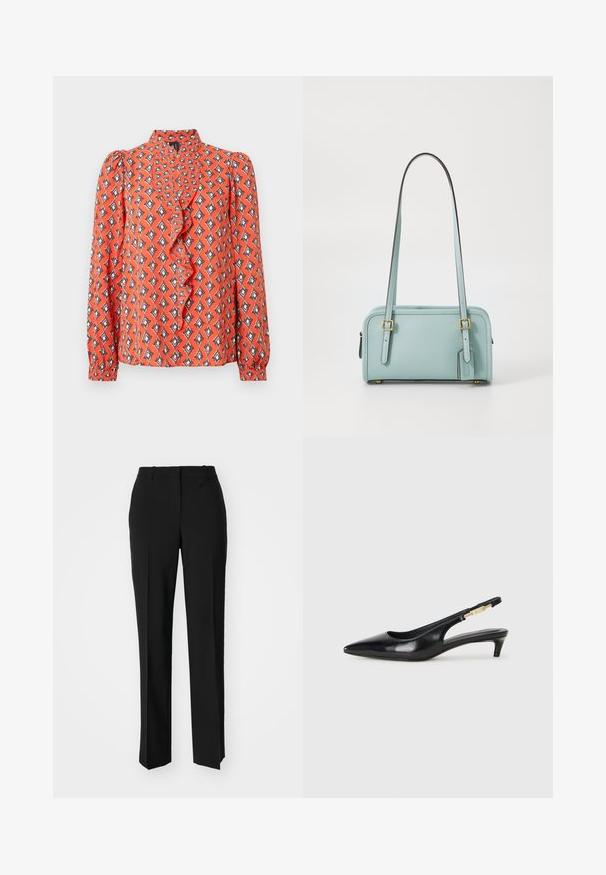 Rdeča bluza z dolgimi rokavi, z nabrano obrobo na izrezu, geometrični vzorec v oranžnih, črnih in krem barvah. Lahka tkanina z gladko teksturo.; Črne krojene hlače s direktnim krojem, ki se ponašajo z gladko teksturo in ostrimi pregibi spredaj. Ni vidne kovine.; Črne usnjene sandale na peto z ostro konico, ki imajo tanko peto in zlat ton na nastavljivem traku. Gladka tekstura.; COACH SWING ZIP BAG 20 - Torbica - light blue