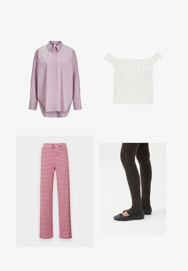 Helles rosa Hemd mit Kragen, vertikalen Streifen in Dunkelgrün und Weiß. Es hat lange Ärmel und einen lockeren Schnitt. Glatte Stofftextur.; Weißes Off-Shoulder-Top mit Rüschendetails, gepufftem Textil und einem elastischen Bund. Hergestellt aus weichem Baumwollstoff.; Rote und weiße gestreifte, locker sitzende Hose mit Kordelzug und geriffelter Textur. Das gerade Beinendes Design reicht bis zur Knöchellänge.; Schwarze flache Schuhe mit einem kleinen Schleifendetail an der Zehe, kombiniert mit dunkelbraunen gerippten Strumpfhosen. Die Schuhe haben eine glatte Textur und ein niedriges Profil.