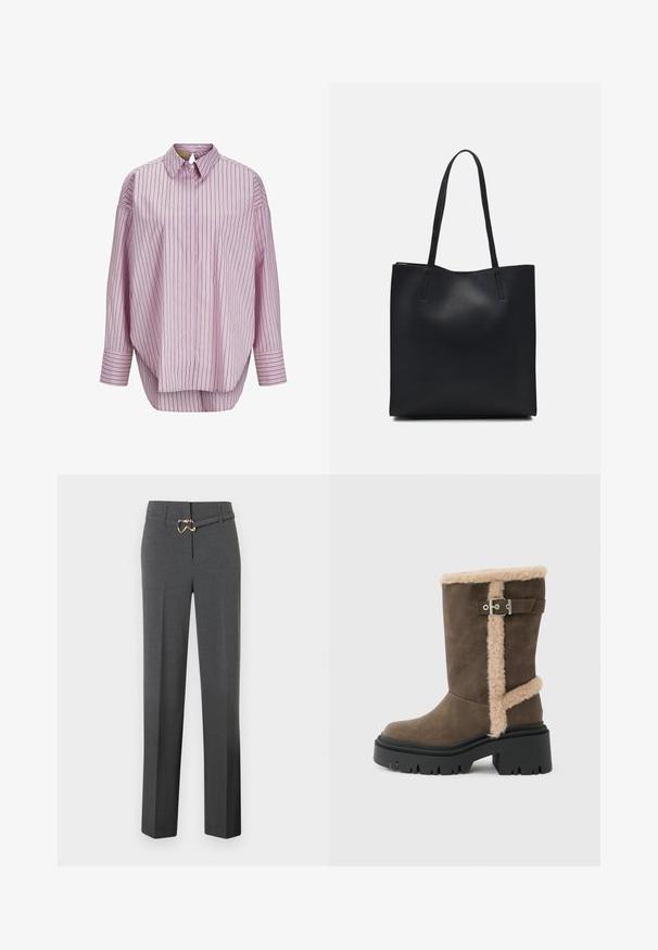 Helles rosa Hemd mit Kragen, vertikalen Streifen in Dunkelgrün und Weiß. Es hat lange Ärmel und einen lockeren Schnitt. Glatte Stofftextur.; Dunkelgraue, maßgeschneiderte Damenhose mit geraden Beinen und einem dünnen, passenden Gürtel mit goldfarbener Schnalle.; Brauner Veloursleder-Stiefelette mit beigem Fellbesatz, verziert mit einer silbernen Schnalle und einer groben schwarzen Sohle mit dickem Profil.; Schwarze Laptoptasche aus Leder mit glatter Textur, rechteckiger Form und zwei langen Griffen. Keine sichtbaren Beschläge oder Verzierungen.