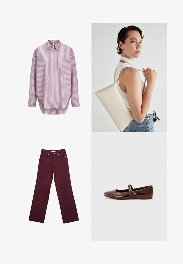 Camicia collare rosa chiaro con righe verticali verde scuro e bianche. Presenta maniche lunghe e una vestibilità ampia. Tessuto dalla texture liscia.; Jeans bordeaux a vita alta con design a gamba dritta, dotati di tasche frontali, chiusura con bottone e rifiniture in tono rame.; Ballerine in pelle verniciata marrone con punta quadrata e cinturino dotato di una piccola fibbia dorata. Texture liscia, tacco basso e design minimalista.; Borsa a pochette rettangolare bianca realizzata in materiale lucido, con una tracolla in catena argentata. Il modello posa, mostrando la borsa su uno sfondo semplice.