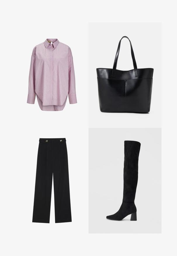 Helles rosa Hemd mit Kragen, vertikalen Streifen in Dunkelgrün und Weiß. Es hat lange Ärmel und einen lockeren Schnitt. Glatte Stofftextur.; Schwarze weite Hosen mit hoher Taille, Knopfdetails am Bund und vorderen Falten.; Schwarze Wildleder-Stiefel bis zum Knie mit Blockabsatz, spitzer Zehe und glattem, nahtlosem Design auf einem schlichten, hellen Hintergrund.; Schwarze Leder-Shopper-Tasche mit zwei langen Griffen, einer glatten Textur und einer strukturierten Form. Verfügt über eine Vordertasche für zusätzlichen Stauraum.
