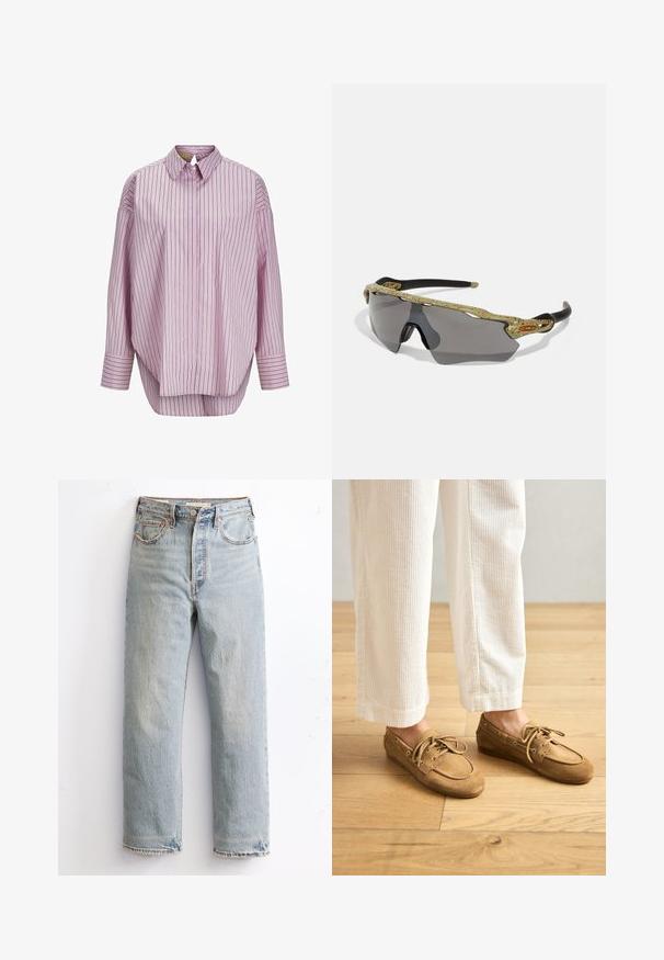 Lichtroze overhemd met kraag en verticale strepen in donkergroen en wit. Heeft lange mouwen en een losse pasvorm. Glad stofkwaliteit.; Lichtblauwe denim jeans met een rechte pijpontwerp, uitgerust met een verouderde zoom, koperen klinknagels en een klassieke vijf-pocketstijl.; Bruine suède bootschoenen met veters, met een ronde neus en gestikte accenten. G gecombineerd met witte corduroy broek in een houten omgeving.; Sportzonnebril met een groen gepattereerd frame, zwarte armen en grijze lenzen. Het ontwerp heeft een omsluitende stijl met een gedurfde, sportieve vorm.