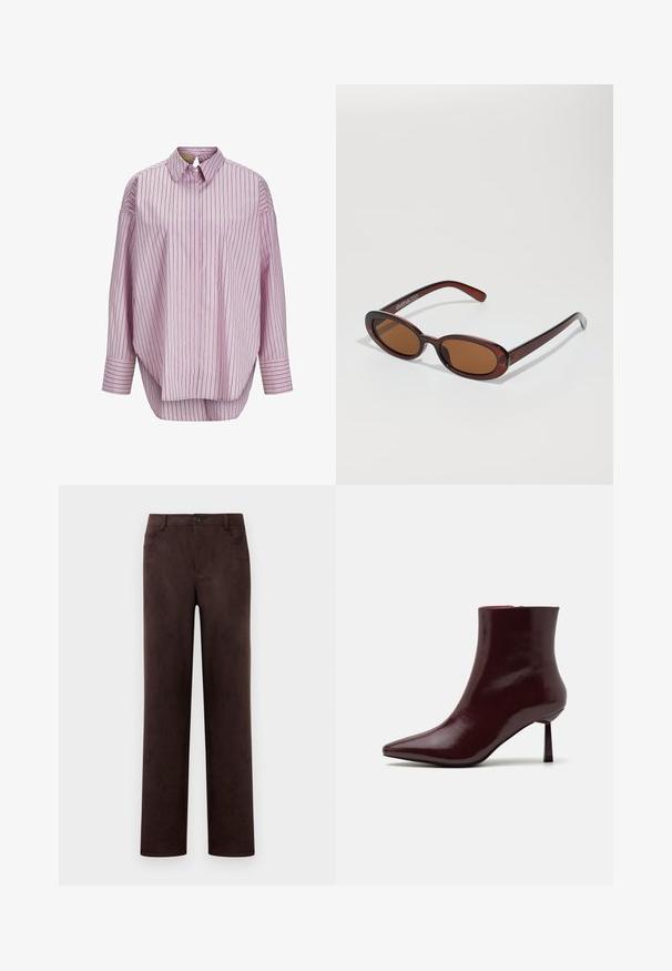 Heledad roosa kraega särk, millel on püstised tumerohelised ja valged triibud. Omab pikki varrukaid ja laia lõikega. Sile kangast tekstuur.; Sirgeda tumepruunest seemisnahast püksid, millel on ees nupp ja tõmblukk, pentsi aasad ning küljetaskud.; Burgundi patendnahast pahklu saapad terava ninaga ja slim stilettokanna, millel on sile ja läikiv tekstuur ning minimalistlik disain.; Ümar, pruunikased päikeseprillid läikiva burgundia raami ja peente kaubamärgi detailidega. Peened sangad ja lame läätsedesain.; Kootud burgundia punane käekott, millel on ümar kuju ja üks sang, millel on tekstureeritud pind ja elastne köidiku sulgemine.