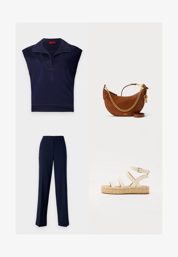 Tengerészkék, ujjatlan felső hegyes gallérral, V-nyakkivágással és kontrasztos varrással a széleken. Sima textúra.; Tengerészkék öltönynadrág sima anyagból, egyenes szabású kialakítással, övhurkos derékkal és elöl redőzött részletekkel.; Világos bézs bőr espadrille szandál négy keresztpánttal és bokapántos csattal, fonott juta platform talppal és lapos gumi talppal.; Barna bőr kézi táska íves kialakítással, arany lánc pánttal, belső zsebbel és leválasztható vállpánttal. Kontrasztos varrás jellemzi.