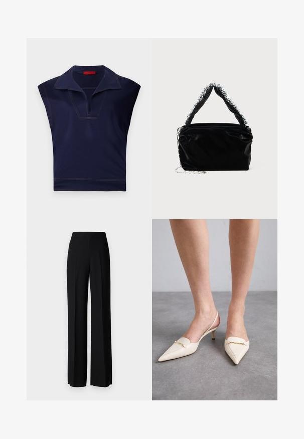 Mørkeblå ermeless topp med spiss krage, med V-hals og kontrastsøm langs kantene. Glatt tekstur.; Sorte vidde bukser med en glatt tekstur, med høy midje og sentrale folder. Ingen synlige mønstre eller maskinvaredetaljer.; Kremfargede, spisse slingback-hæler med en slank midt-hæl, med en gylden kjedeakcent på den fremre delen og glatt lærtekstur.; Svart veske i faux lær med tekstur, med en perlet sølvdetalj langs det øverste håndtaket og en kjede-rem.