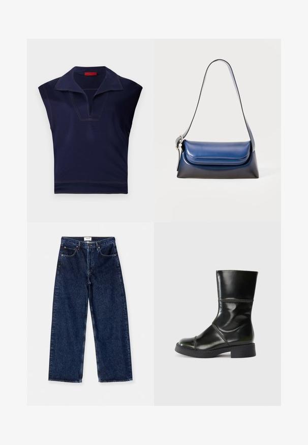 Tumši zils bez piedurknēm tops ar norādītu apkakli, ar V veida dekoltē un kontrastējošām šuvēm gar malām. Gluda tekstūra.; Tumši zila denima plaša piegriezuma džinsi ar augstu jostasvietu, priekšējām kabatām un gludu tekstūru ar smalkiem šuvuma akcentiem.; Melna ādas potīšu zābakus ar noapaļotu purngalu, gludu virsmu, kontrastējošu stiklojumu un kvadrātveida papēdi, izmantojot nedaudz sašaurinātu siluetu.; Jūras spēku tumši zilas ādas rokassomu ar gludu virsmu, apaļu formu, salocītu augšdaļu un vienu plecu siksnu. Iekļauta sudraba aparatūra.