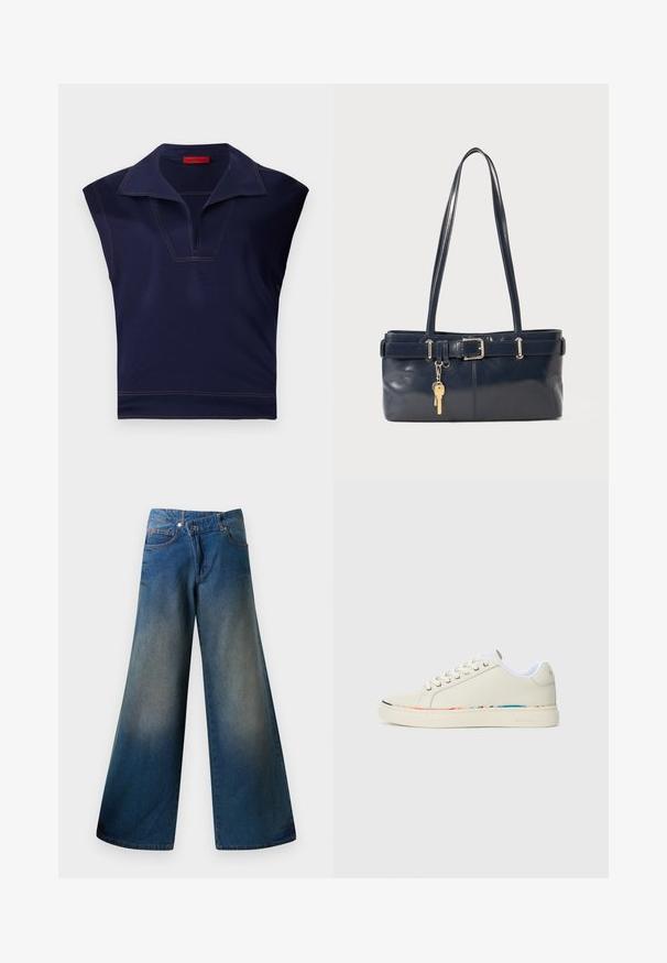 Marineblauw mouwloos topje met een puntige kraag, met een V-halslijn en contrasterende stiksels langs de randen. Gladde textuur.; Wijdgevallen blauwe spijkerbroek van denim, met een licht vervaagde afwerking, zichtbare stiksels, twee voorkanten zakken en een knoopsluiting.; Off-white laag-top sneaker met vetersluiting, witte binnenvoering en subtiele multicolor rand langs de zool, zijaanzicht.; Marine leren handtas met twee lange hengsels, een gespdetail en een sleutelhanger eraan bevestigd. Heeft een gladde textuur en een rechthoekige vorm.