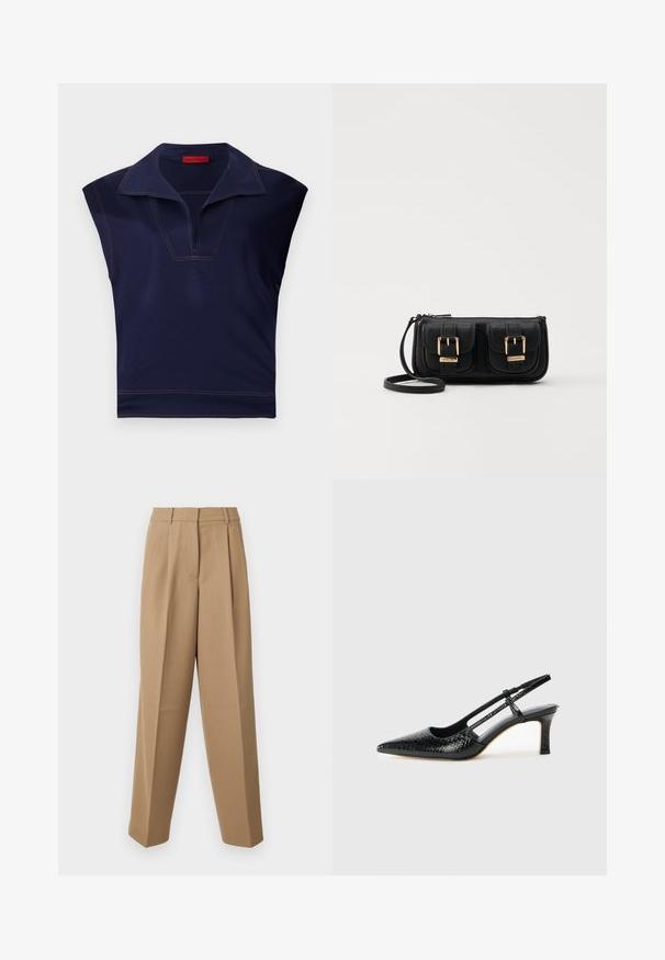 Marineblaue ärmellose Bluse mit einem spitzen Kragen, V-Ausschnitt und Kontrastnähten an den Kanten. Glatte Textur.; Beige maßgeschneiderte Hose mit hoher Taille, gefaltetem Vorderteil und weitem Bein. Der Stoff wirkt glatt mit einem leichten Glanz.; Schwarze Lack-Slingback-Pumps mit spitzem Zehenbereich, versehen mit strukturiertem Schlangenprint, verstellbarem Riemen und einem kurzen, strukturierten Blockabsatz.; Schwarze Leder-Umhängetasche mit zwei vorderen Taschen, goldenen Schnallen, Reißverschluss und einem schmalen Tragegurt. Texturierte Oberfläche und kompakte rechteckige Form.