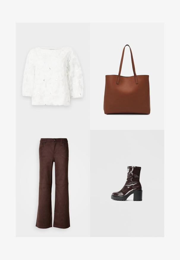 Biała bluzka w kwiaty z rękawami o długości trzech ćwierci, z wybijanymi wzorami kwiatowymi z cekinami, miękką fakturą i kwadratowym dekoltem.; Brązowe spodnie w stylu dzwonów, wykonane z miękkiego materiału przypominającego zamsz. Posiadają cztery kieszenie, zapięcie na guzik oraz gładką, teksturowaną powierzchnię.; Błyszczące bordowe botki za kostkę z masywną czarną obcasem, charakteryzujące się gładką teksturą i prostym wzornictwem. Brak widocznych zapięć lub wzorów.; Brązowa skórzana torba tote o gładkiej fakturze, z otwartym wierzchem i dwoma ramiączkami. Charakteryzuje się minimalnym przeszyciem i brakiem widocznych elementów metalowych.