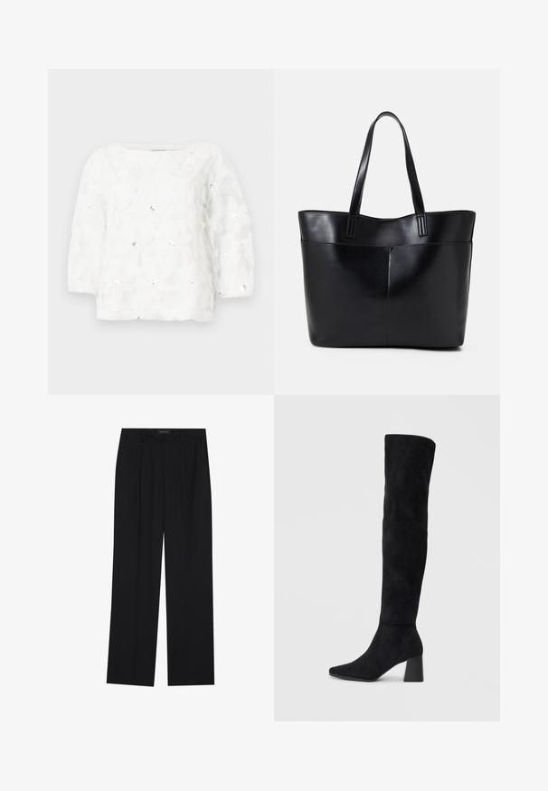 Weiße Bluse mit drei Viertelärmeln, die erhabene Blumendesigns mit Pailletten, eine weiche Textur und einen quadratischen Ausschnitt aufweist.; Schwarze Hose mit geradem Bein, ausgestattet mit zwei frontalen Taschen und einem Taillenbund. Hergestellt aus einem glatten, leichten Stoff.; Schwarze Wildleder-Stiefel bis zum Knie mit Blockabsatz, spitzer Zehe und glattem, nahtlosem Design auf einem schlichten, hellen Hintergrund.; Schwarze Leder-Shopper-Tasche mit zwei langen Griffen, einer glatten Textur und einer strukturierten Form. Verfügt über eine Vordertasche für zusätzlichen Stauraum.