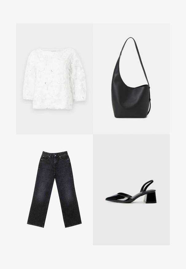 Bijela cvjetna bluzica s tričetvrt šupljih rukava, s uzdignutim dizajnom cvijeća i šljokicama, mekog tekstura i kvadratnim dekolteom.; Crne traperice visokog struka s širokim nogavicama, dizajn s pet džepova i vidljivim šavovima. Tkanina ima glatku, blago teksturiranu završnu obradu.; Crne lakirane kožne sandale s otvorenom petom i špicastim vrhom, s geometrijskom blok petom. Imaju elegantan, minimalistički dizajn i glatku teksturu.; Crna kožna hobo torba s glatkom teksturom, zakrivljenim oblikom i jednom podesivom trakicom; ima širok otvor na vrhu.