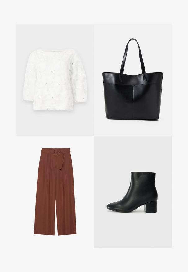 Blouse blanche à fleurs avec des manches trois quarts, présentant des motifs de fleurs en relief ornés de sequins, avec une texture douce et un décolleté carré.; Pantalons à jambes larges en tissu marron, avec une ceinture à boucle carrée, un design plissé et une texture lisse.; Bottines en cuir noir avec un bout pointu et un talon épais. Texture lisse avec des accents minimalistes et un design élégant et ajusté.; Sac fourre-tout en cuir noir avec deux longues poignées, une texture lisse et une forme structurée. Dispose d'une poche avant pour un rangement supplémentaire.