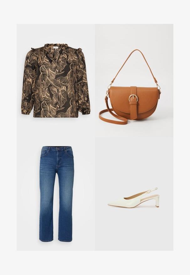 Svart blus med ett bladmönster i beige. Har långa ärmar, volangkrage och lös passform. Tillverkad av lätt tyg.; Mörkblå denimjeans med rak benstil, femficksdesign och knapp- och dragkedjestängning. Släta textur med minimal blekning.; Vit patentläder slingback-sko med spetsig tå och låg blockklack. Har en diskret rem med detalj i guldton.; Brun läder crossbody-väska med en böjd form, gyllene detaljer och en spänneaccent. Har en avtagbar axelrem.