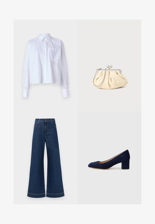 Camisa branca curta em algodão, com fecho frontal de botões, gola pontuda, mangas longas e um único bolso no peito. Textura suave.; Jeans azul de perna larga com cintura alta, apresentando um fecho de botão, passantes para cinto e detalhes de costura discretos ao longo dos bolsos e das bainhas.; Salgados de camurça azul-marinho com bico fino e um salto quadrado de altura média. Textura suave com um ligeiro brilho e um pequeno corte na parte da frente.; Clutch de couro bege plissado com uma estrutura de metal prateado, apresentando dois fechos decorativos redondos e uma alça de corrente prateada.