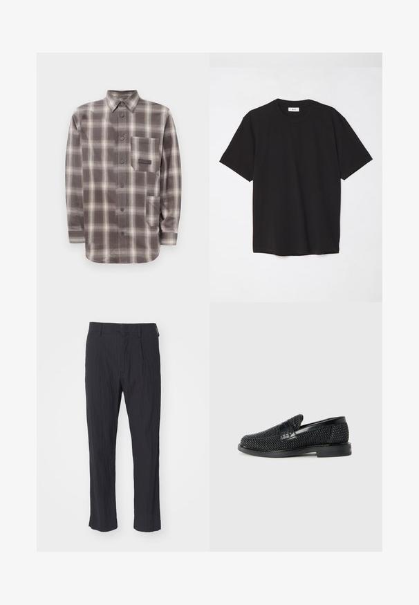 Ilgomis rankovėmis rudas ir smėlio spalvos tinklelis marškiniai su dviem priekiniais kišenėmis ir su smailiu apykakle.; Juodas medvilninis marškinėlis su apvaliu kaklu, trumpomis rankovėmis ir laisvu siluetu. Paprastas dizainas, lygus paviršius ir be matomų raštų ar logotipų.; Juodos pregamos kelnės su tekstūruotu audiniu, turinčios tiesią kojos dizainą ir standartinį liemenį. Nėra matomų kišenių ar metalinių detalių.; Juodas pintas slip-on tipo batelis su lygiu odiniu akcentu viršuje, apvalios nosies dizainas ir žemas guminis padas.