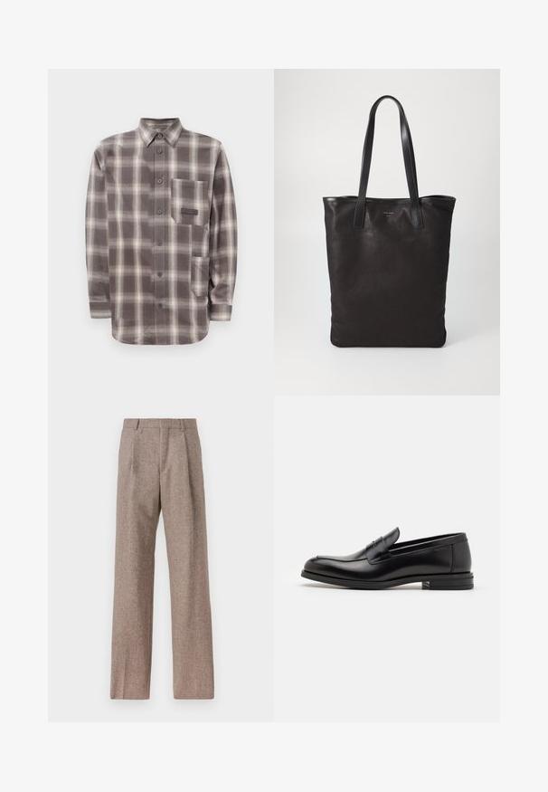 Cămașă cu mânecă lungă, în carouri maro și bej, cu două buzunare frontale și guler ascuțit.; Pantaloni bej, cu talie înaltă, dintr-un material texturat. Prezintă picioare late și două pliseuri frontale pentru structură. Finisaj îngrijit, fără accesorii vizibile.; Mocasini din piele neagră cu o textură netedă, vârf rotund și o curea decorativă peste partea superioară. Toc mic, design minimalist.; Geantă de umăr din pânză neagră cu mânere din piele neagră. Design simplu, corp spațios și textură netedă. Fără logo-uri sau modele vizibile.