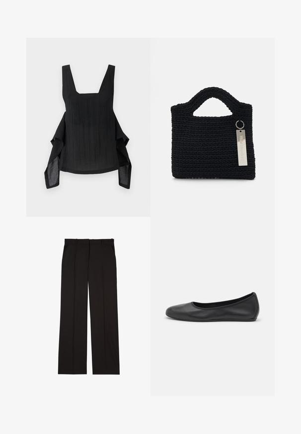Black sleeveless top with a square neckline, flowing fabric, asymmetrical hemline, and textured surface detail.; Black tailored trousers made of a smooth fabric, featuring a straight-leg design, and two side pockets. Elegant and minimalistic construction.; Black leather ballet flat with a rounded toe, smooth texture, minimal stitching detail, and a flexible sole design.; Won Hundred MARSIELLE COMPUTER BAG UNISEX - Laptop bag - black
