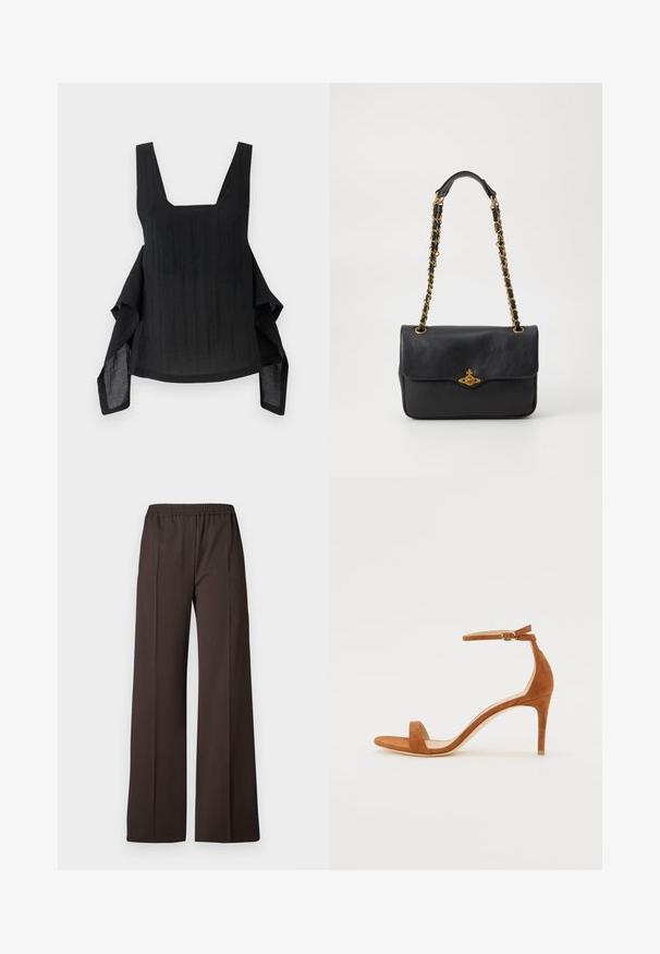 Black sleeveless top with a square neckline, flowing fabric, asymmetrical hemline, and textured surface detail.; Wide-leg trousers in dark brown fabric with an elastic waistband, featuring a smooth texture and clean lines for a tailored look.; Brown suede high-heeled sandal featuring a thin ankle strap with a gold buckle, open toe, and a sleek, minimalist design.; Black leather handbag with a fold-over flap, gold-tone chain strap, and logo hardware detail on the front. Smooth texture.