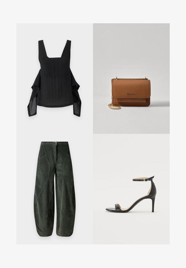 Top negro sin mangas con escote cuadrado, tejido fluido, dobladillo asimétrico y detalle de superficie texturizada.; Pantalones de pierna ancha en tejido de pana verde oscuro, con cierre de botón y bolsillos laterales en ángulo con un patrón texturizado y acanalado.; Sándalo de tacón alto de piel negra con tiras en el tobillo. Presenta una textura suave, puntera abierta y un tacón delgado. Detalles de hebilla en tono dorado.; Bolso crossbody de cuero texturizado marrón con correa de cadena dorada y cierre de solapa. La parte frontal presenta un detalle de logo y un bolsillo debajo de la solapa.