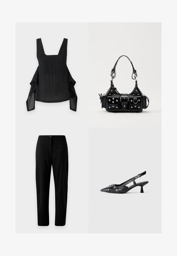 Black sleeveless top with a square neckline, flowing fabric, asymmetrical hemline, and textured surface detail.; Black straight-leg trousers with button and zip closure, smooth fabric, and minimal detailing against a plain light background.; Black leather slingback shoe with a pointed toe, decorative straps featuring metal eyelets, and a low block heel. Textured surface.; Black leather handbag with a curved design, featuring silver studs, a buckle, and two side pockets. Adjustable strap for carrying options.