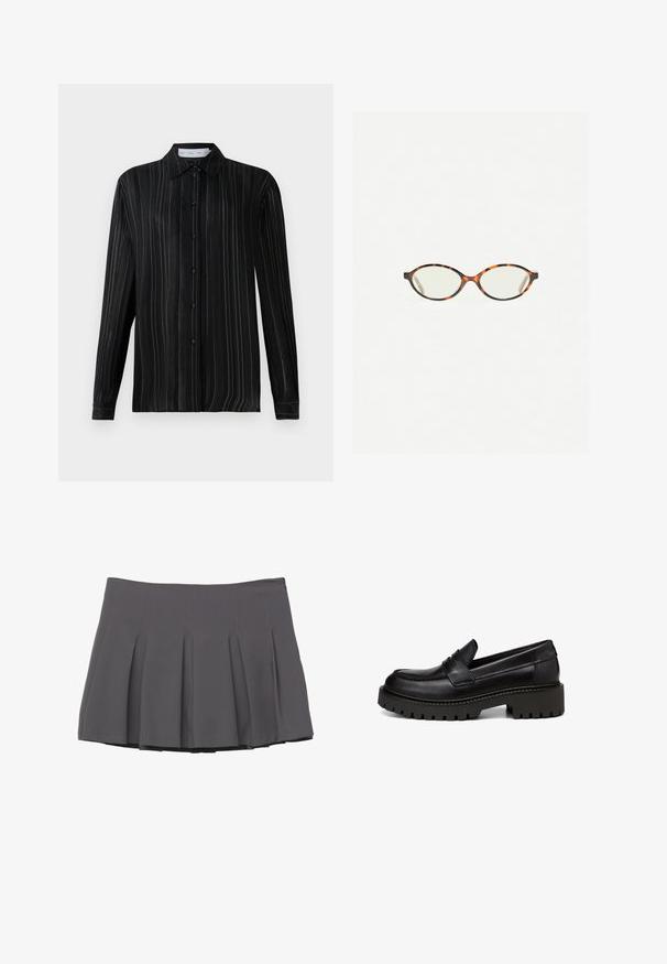 Crna dugorukava košulja s dugmadi, u finoj bijeloj vertikalnoj prugasti, s klasičnom kragnom, prikazana na običnoj bijeloj pozadini.; Siva plisirana suknja s glatkom teksturom, s umetcima od šivanja i uskim pojasom, koja se završava u sredini bedra.; Marc O'Polo LOAFER MIT ROBUSTER PROFIL - Obuća za navlačenje - black; Naočale u boji kornjače s ovalnim staklima i elegantnim, glatkim završetkom. Imaju tanke strane s suptilnom krivuljom na sljepoočnicama. Prozirna stakla.