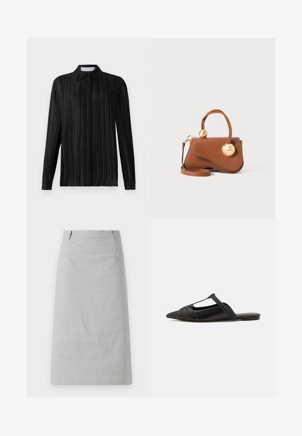 Czarna, długosamowa koszula z guzikami, pokryta delikatnymi białymi pionowymi prążkami i klasycznym kołnierzykiem, prezentowana na jednolitym białym tle.; Szara spódnica ołówkowa o gładkiej fakturze, dopasowanym kroju i płaskim pasie, z bocznymi szwami i bez widocznych wzorów lub akcentów.; Czarny skórzany but na odkrytej pięcie z pointed toe, ozdobiony plecionym akcentem i plisowanym wzorem górnej części. Płaska podeszwa z minimalnymi elementami.; Brązowa skórzana torba na ramię o falistym wzorze, z dwoma okrągłymi złotymi akcentami oraz odczepianym paskiem na ramię, co umożliwia wszechstronne noszenie.