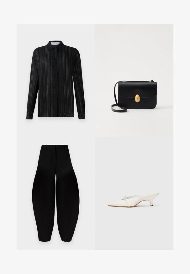 Svart långärmad knapp-up skjorta med fina vita vertikala randiga mönster och klassisk krage, uppvisad mot en enkel vit bakgrund.; Svarta vida byxor med hög midja, veckad front och smala anklar. Tillverkade av ett slätt tyg med matt finish.; Vita spetsig tå slingback-sko med låg klack, prydd med en dekorativ pärlaccent fram och en slät satinfinish.; Svart läderhandväska med en strukturerad rektangulär form. Har ett gyllene ovalt lås och ett tunt axelband. Slät textur.