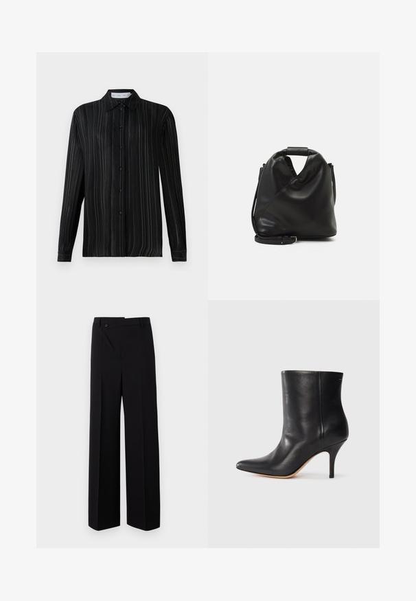 Čierna košeľa s dlhým rukávom, s gombíkmi a jemnými bielymi vertikálnymi pásikmi, s klasickým golierom, vystavená na čistej bielej pozadí.; Čierne široké nohavice s plochým predným dielom, zapínaním na gombík a hladkou textúrou látky. Vlastnosti zahŕňajú rovný strih a ostré línie.; Čierne kožené členkové topánky s špicatou špičkou, úzkym stiletto podpätkom a hladkou textúrou. Minimalistický dizajn bez viditeľných kovových prvkov alebo akcentov.; Čierna, mäkká kožená taška s jedinečným zavinutým dizajnom. Disponuje krátkym uškom a odnímateľným ramenným popruhom. Minimalistický štýl.
