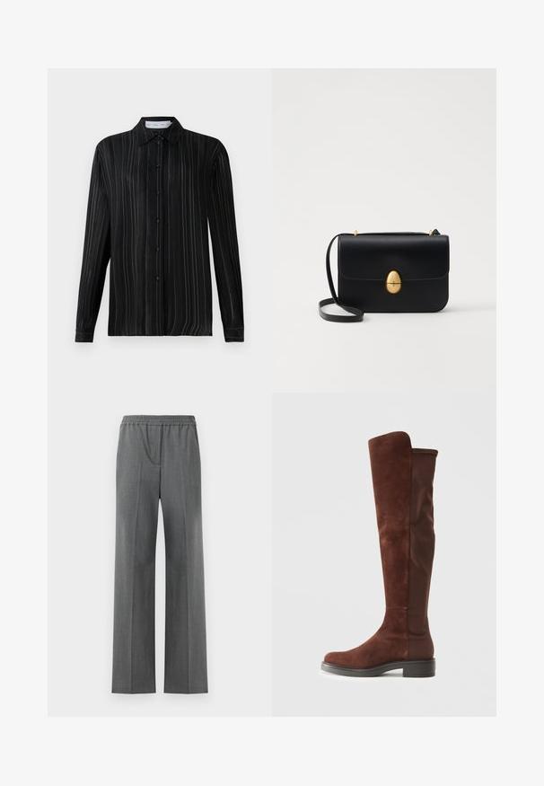 Cămașă neagră cu mâneci lungi, cu nasturi, având dungi verticale fine albe și un guler clasic, prezentată pe un fundal alb simplu.; Pantaloni gri cu picioare largi, cu un tiv elastic, fabricați dintr-un material texturat cu un model subtil de țesătură.; Botă înaltă din suede și țesătură maro, cu toc negru jos și vârf rotund, prezentată dintr-o laterală pe un fundal alb simplu.; Geantă de mână din piele neagră, cu o formă rectangulară structurată. Are un capac oval auriu și o curea subțire pentru umăr. Textură netedă.