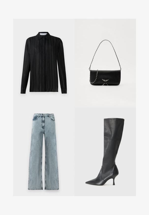 Czarna, długosamowa koszula z guzikami, pokryta delikatnymi białymi pionowymi prążkami i klasycznym kołnierzykiem, prezentowana na jednolitym białym tle.; Jasnoniebieskie dżinsy z szerokimi nogawkami, wykonane z denimu, z wysokim stanem, subtelnym przetarciem i luźnym krojem z prostymi nogawkami.; Czarne skórzane botki do kolan z ostrym noskiem i wąskim obcasem w szpilkę. Gładka tekstura z dopasowanym krojem i przeszyciem na górnej krawędzi.; Czarna skórzana torebka z srebrnym łańcuszkiem, ozdobiona dekoracyjnymi skrzydłami i białym przeszyciem wzdłuż dolnego szwu.