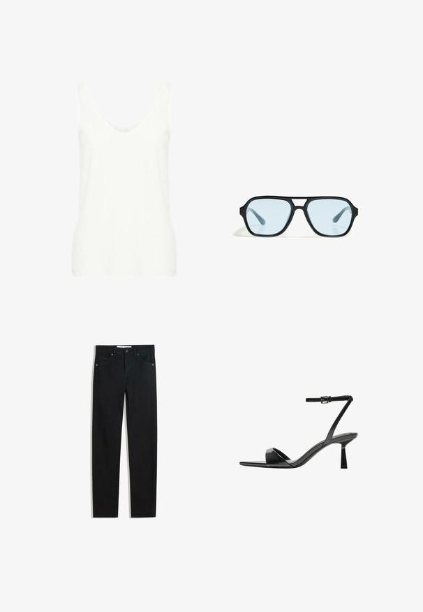 Witte mouwloze tanktop met een diepe ronde halslijn, gemaakt van lichtgewicht stof, met een zachte textuur en een aansluitende pasvorm.; Zwarte denimbroek met een recht silhouet, vijf zakken, metalen knoopsluiting en subtiele stikdetails. Gladde textuur.; Bershka Sandalen met hoge hak - black; Zwarte zonnebril met rechthoekige monturen, blauwgetinte lenzen en een onderscheidend brugontwerp. Strakke afwerking, ingetogen textuur.; Zwarte schoudertas gemaakt van een soepele stof, met een gebogen vorm, gouden rits en een gouden geperst logoaccent aan de voorkant.